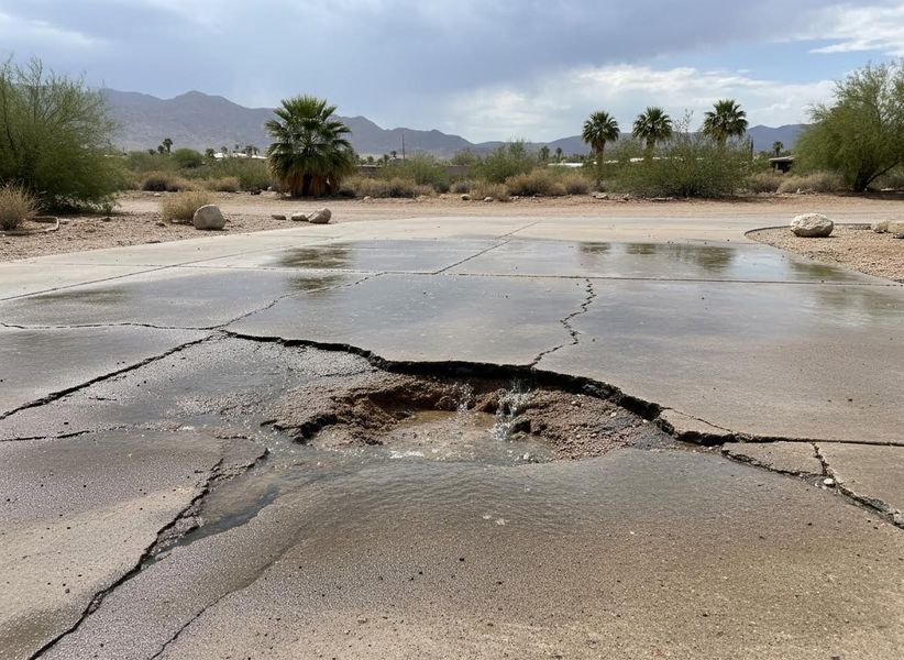 Pothole with bubbling water on cracked desert pavement