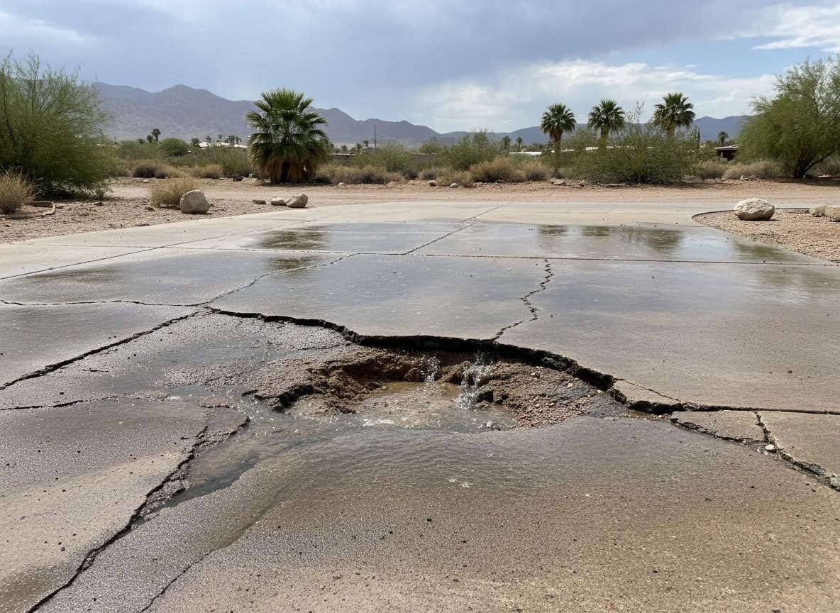 Pothole with bubbling water on cracked desert pavement