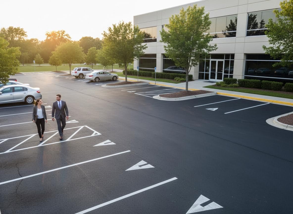 Two Business Professionals Walking in an Office Park Parking Lot