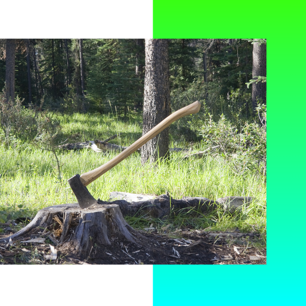 a stump with an axe in it Tree Removal Kalamazoo (2).png