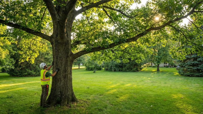 tree specialist looking at mature tree in late spring