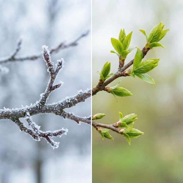 Artistic comparison of a tree branch in winter frost versus spring bloom, representing seasonal trimming timing.