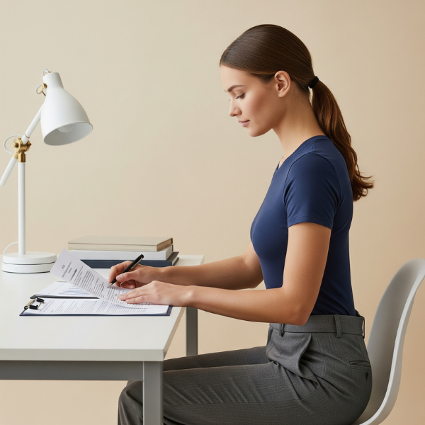 A person with good posture, sitting at a desk, illustrating healthy spinal alignment.