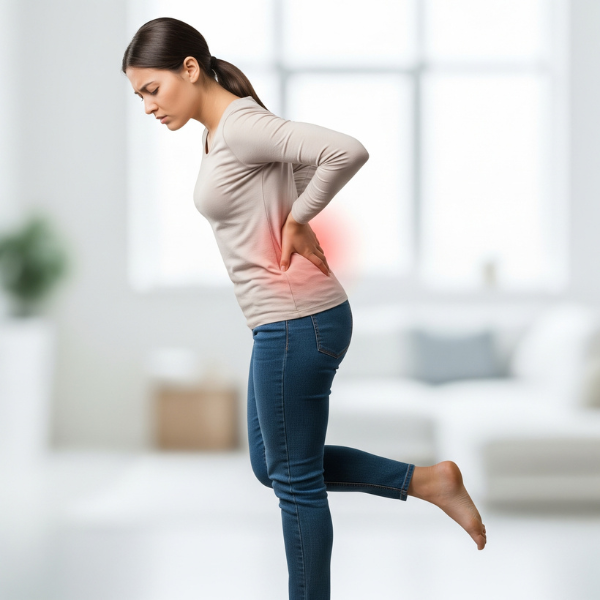 Person holding their lower back and leg, indicating sciatica pain.