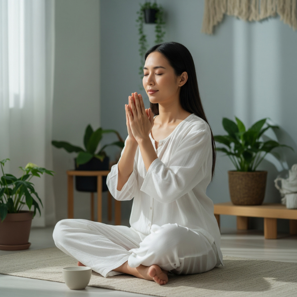 A person practicing relaxation techniques or meditation to reduce stress, in a serene environment.
