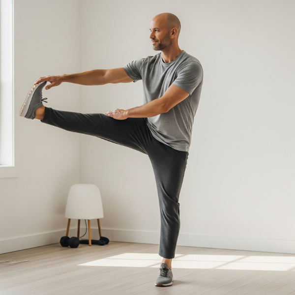 Person performing gentle stretches to improve spinal health and flexibility.