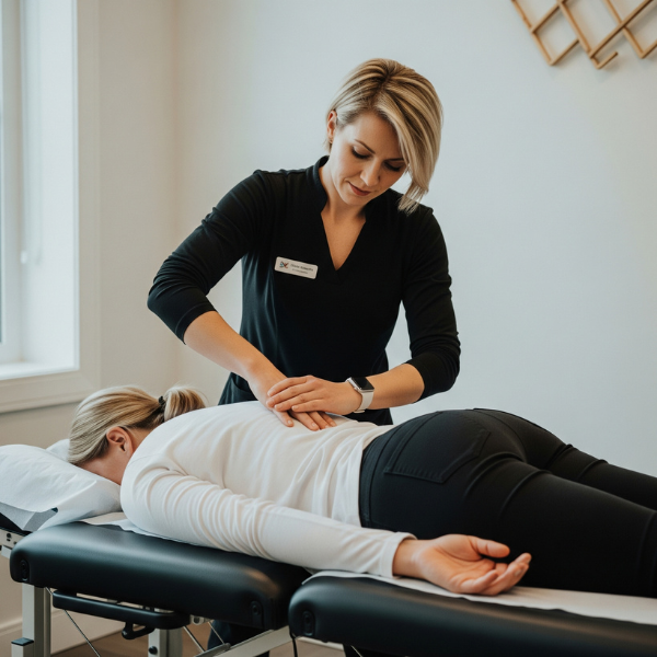 Chiropractor performing a spinal adjustment on a patient's lower back.