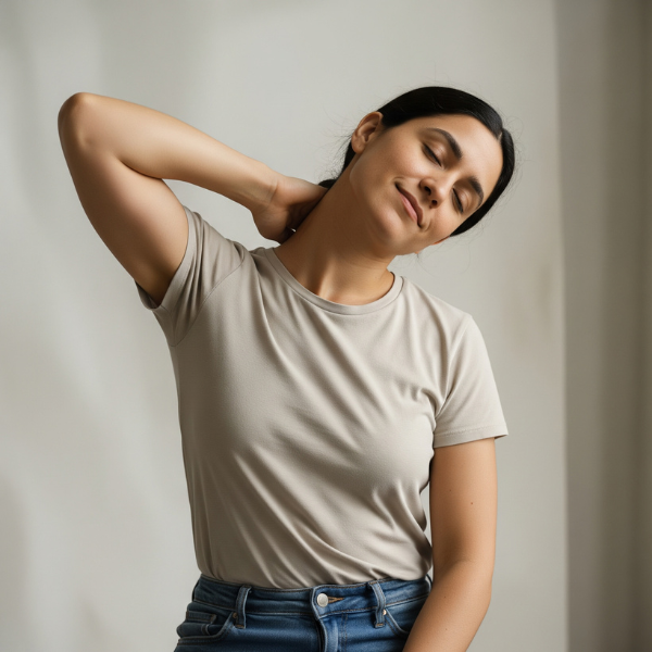 A person stretching their neck gently to relieve pain.