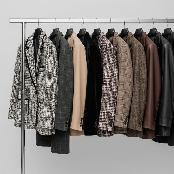 A clothing rack with several jackets and blazers hanging. A clothing rack with several jackets and blazers hanging.