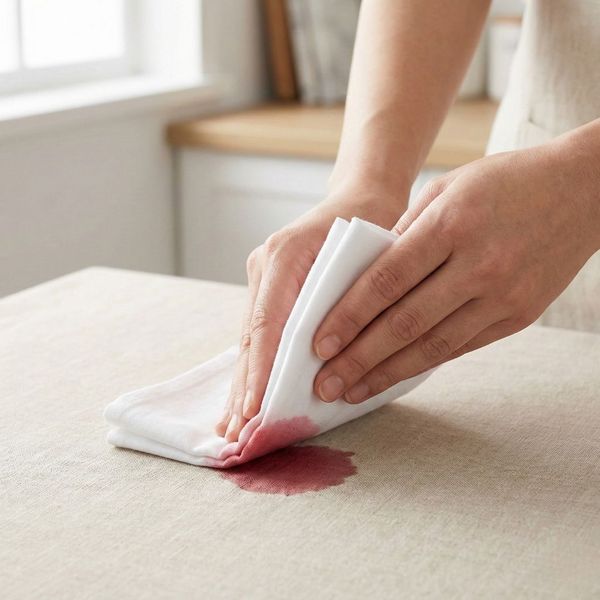 Hands gently blotting a red wine stain with a clean white cloth to absorb the liquid.