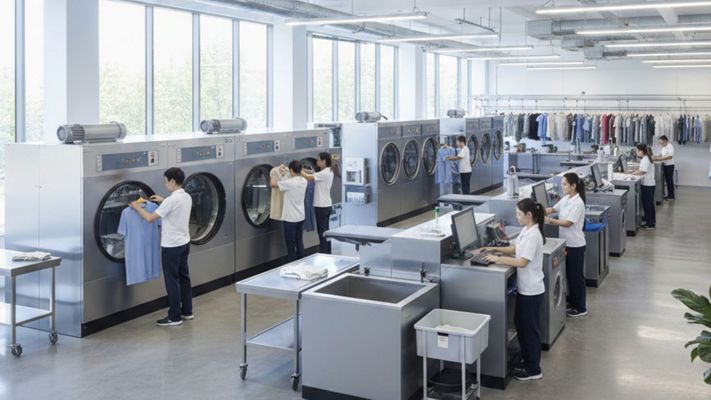 Professional dry cleaning equipment in a modern, clean facility.