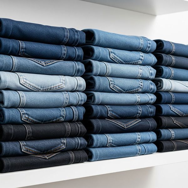 Several pairs of folded denim jeans in a stack. Several pairs of folded denim jeans in a stack.