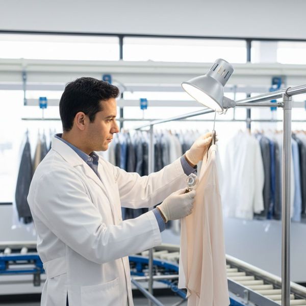 Professional dry cleaner examining a garment in a clean, modern facility