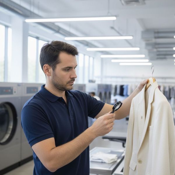 A dry cleaning technician carefully inspecting a garment.
