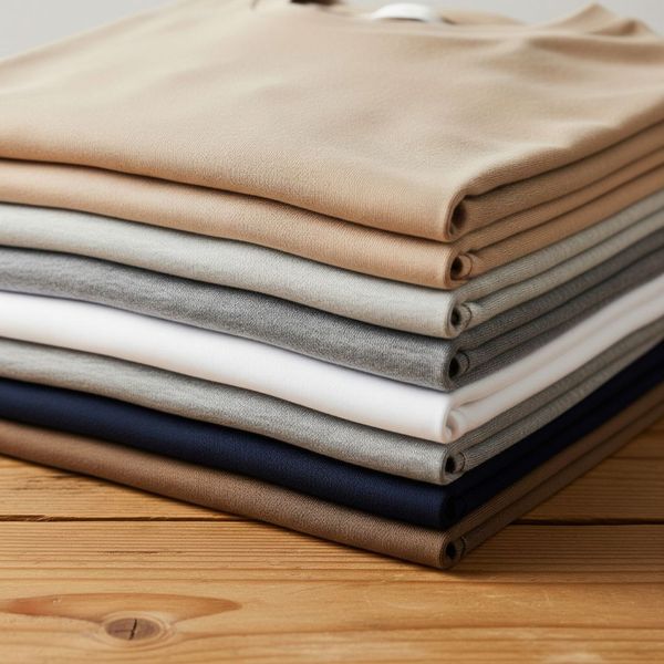 A neat stack of folded cotton shirts. A neat stack of folded cotton shirts.