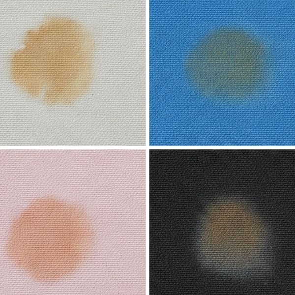 Various common stain types on fabric swatches, clearly identifiable