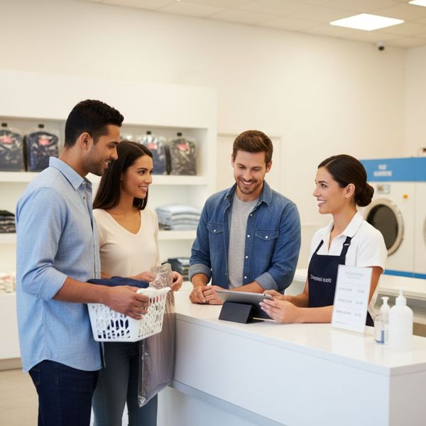 A diverse group of people discussing laundry services at a counter.