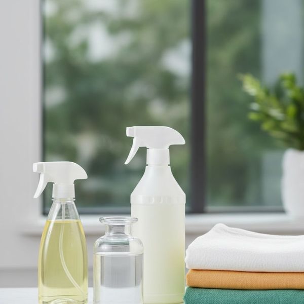Eco-friendly cleaning products and fresh laundry on a table.