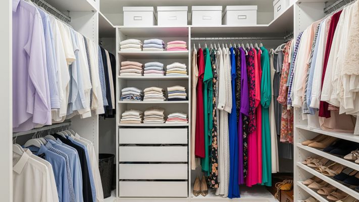 A bright and organized closet filled with clean clothes.