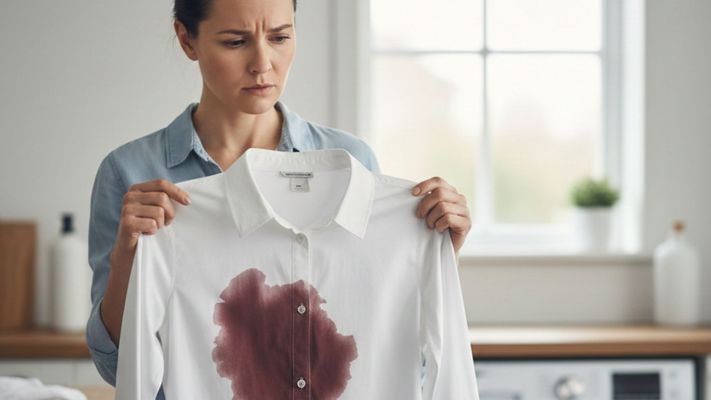 Person holding a stained shirt, looking concerned