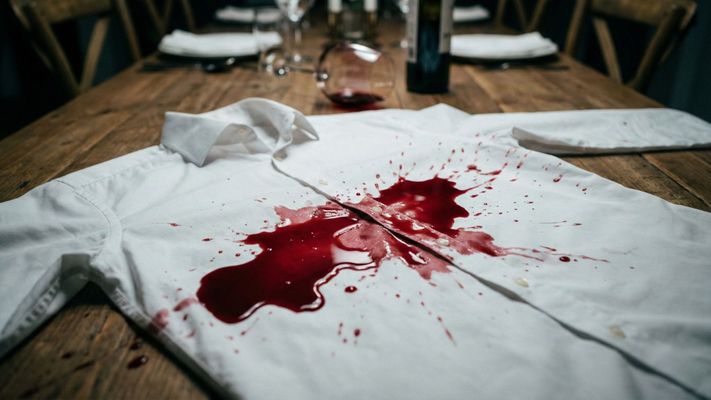 A white dress shirt stained with a fresh splash of red wine on a dining table.