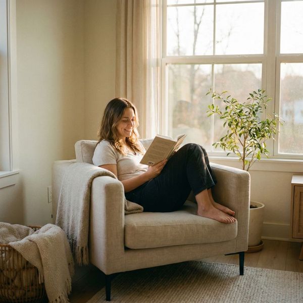 Woman relaxing at home with a book, enjoying free time saved by using laundry pickup services.