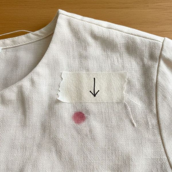 lose-up of a garment with a small piece of masking tape marking a stain