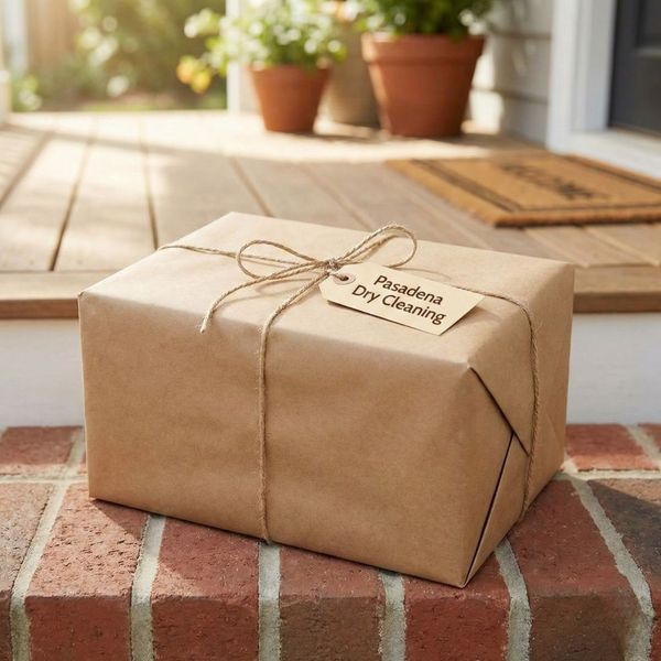 Freshly cleaned laundry package delivered directly to a customer's doorstep in Pasadena.