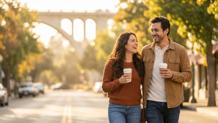 Couple enjoying a relaxing weekend walk in Old Town Pasadena, free from laundry chores.