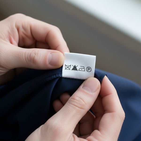 Hands examining a garment label with care instructions.