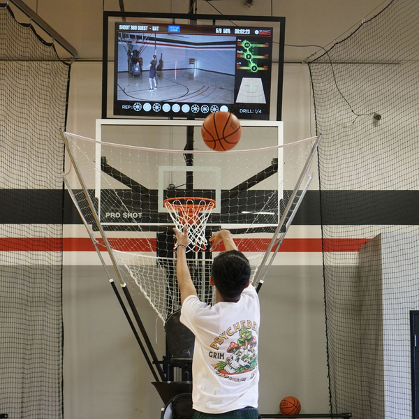a basketball player shooting with analytic data being taken