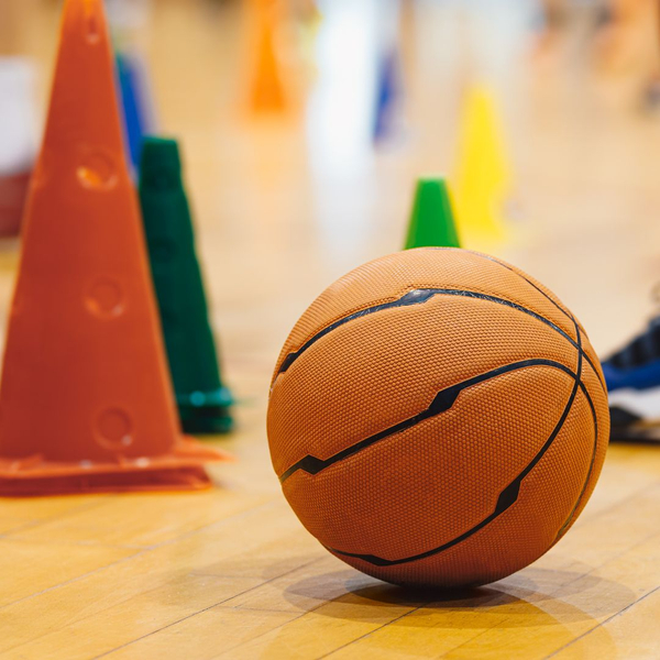 Basketball and cones for a training drill.