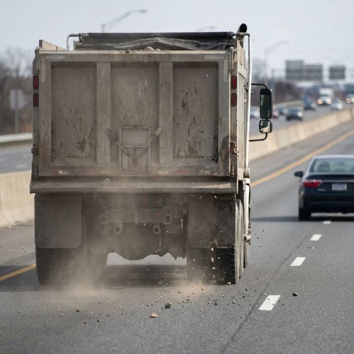 A large truck kicking up gravel on a highway, illustrating a common cause of windshield damage.