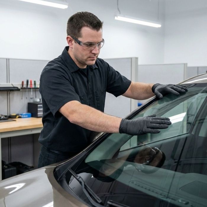 A professional technician carefully installing a new windshield in a clean auto shop environment.