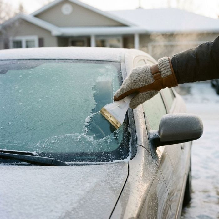 A person carefully scraping frost off a car windshield during frosty conditions.
