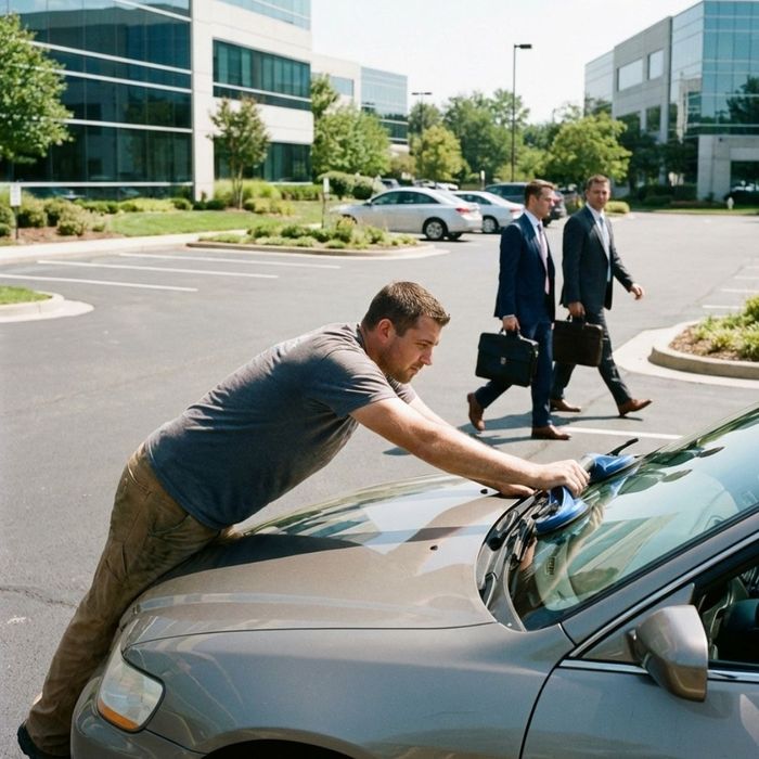 A mobile glass technician installing a windshield on a car in a busy office parking lot during the workday.