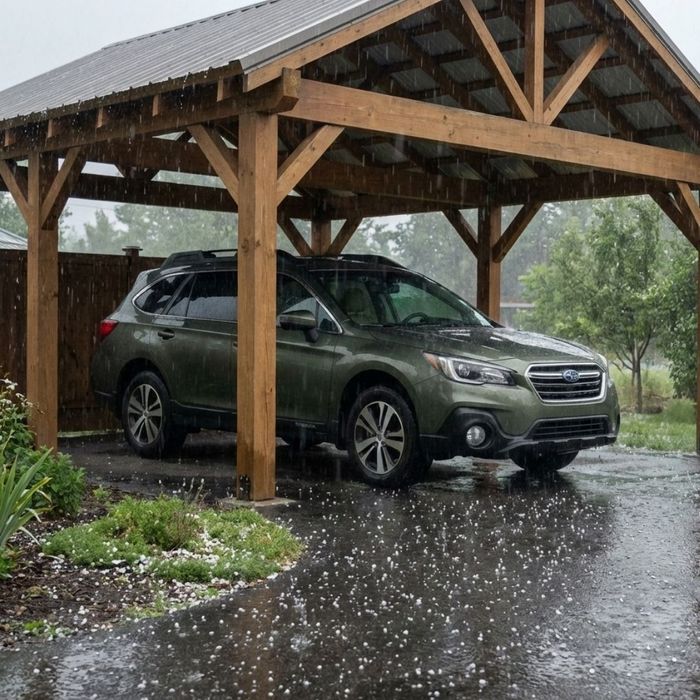 A car parked safely under a covered carport, protected from a rain and hail storm outside.