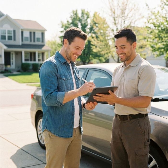 A customer easily signing paperwork digitally on a tablet held by a mobile glass repair technician.
