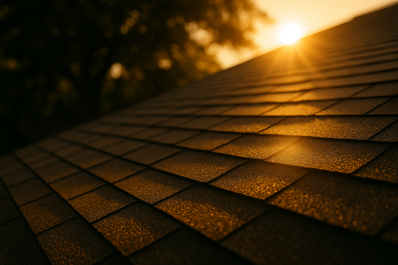Roof under sunlight with protective overlay indicating UV shielding