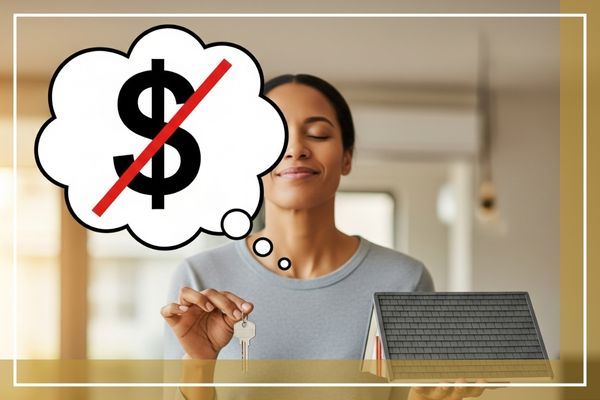 A homeowner looking relieved while holding a house key and a miniature roof, with a thought bubble containing a dollar sign with a red slash through it, symbolizing cost savings.