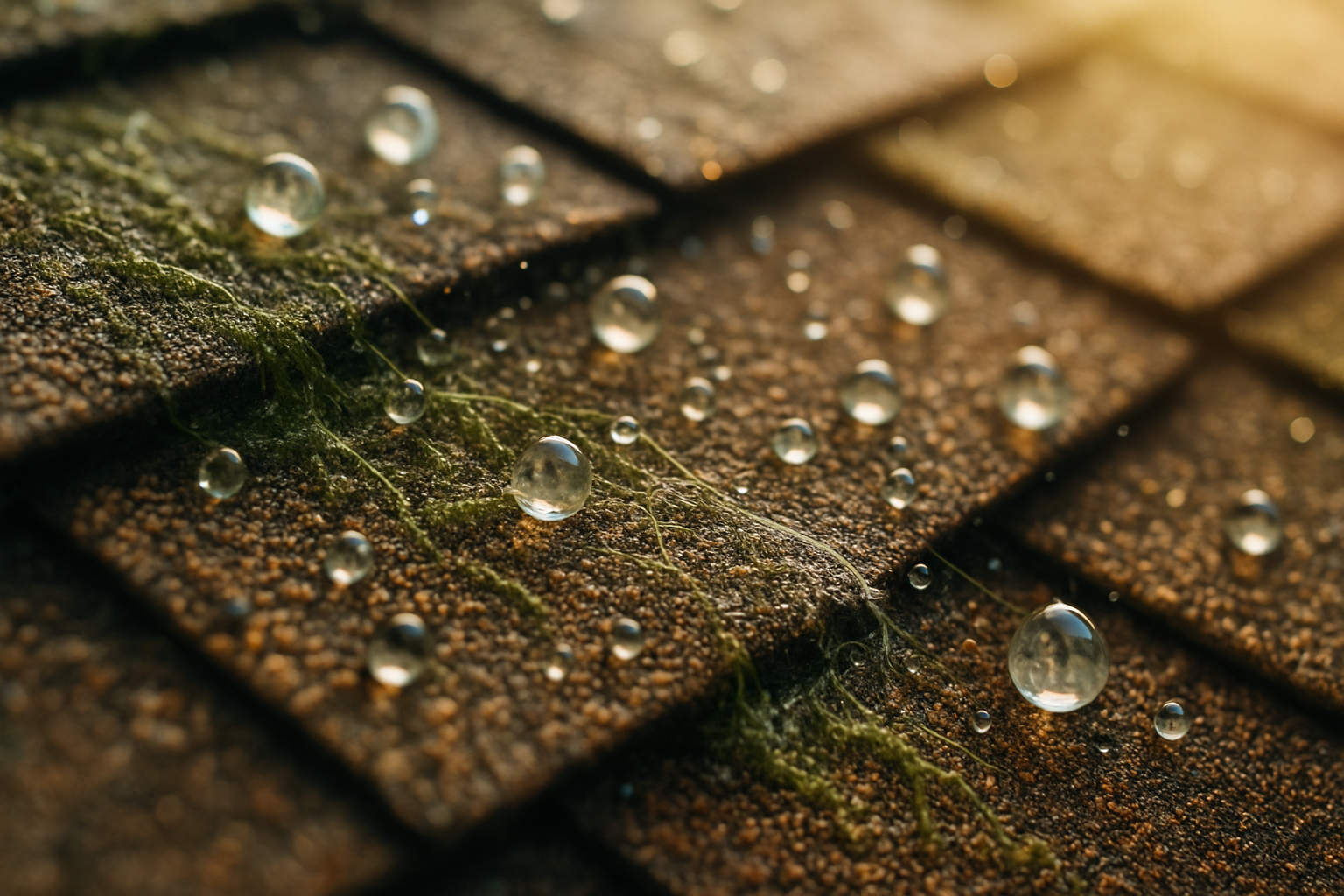 Close-up of algae being broken down on shingles