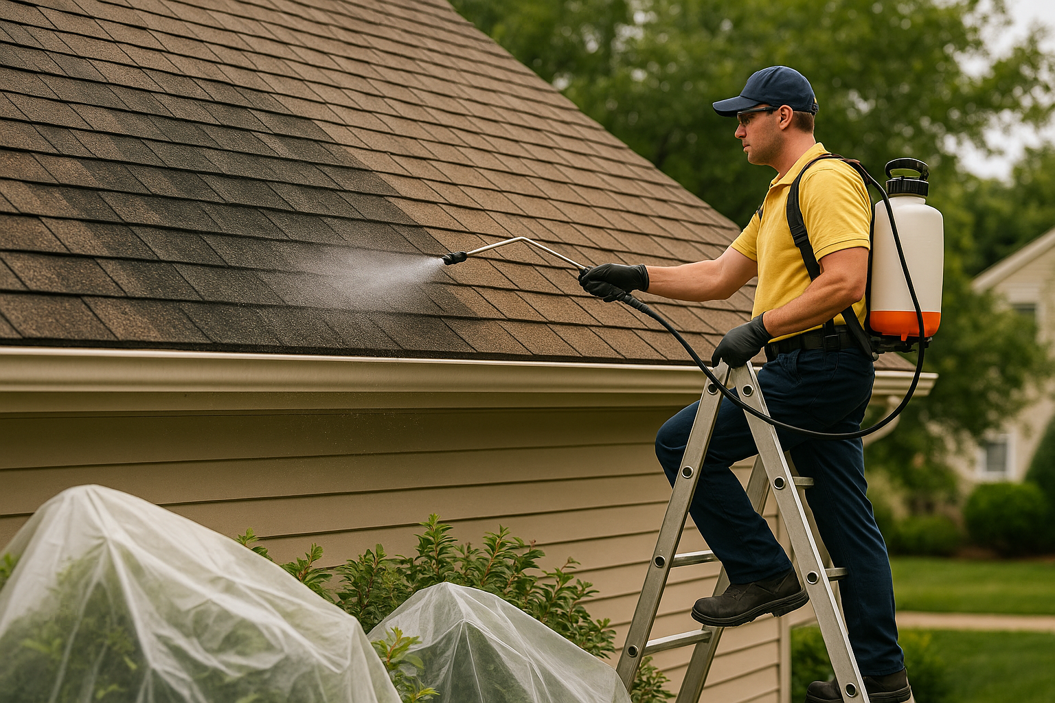 Technician applying algae spray evenly