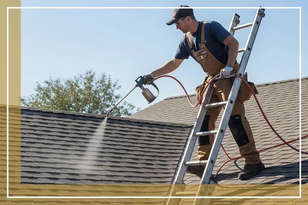 A professional roof rejuvenation technician applies a protective coating to a roof with a handheld sprayer, showing the minimal, hassle-free process.