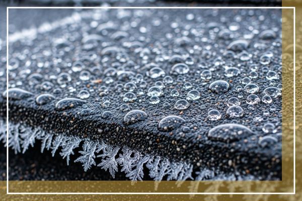 A close-up of a roof shingle with water droplets and ice crystals, representing its durability against harsh weather in Minnesota.