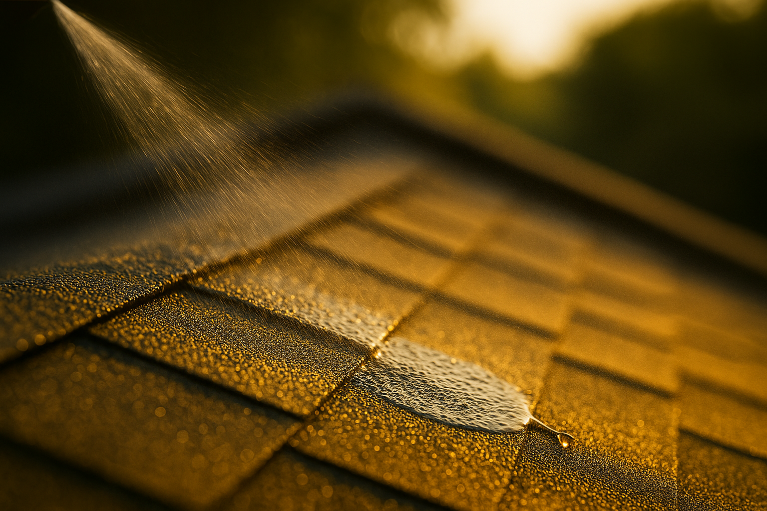 Close-up of rejuvenation spray penetrating asphalt shingles