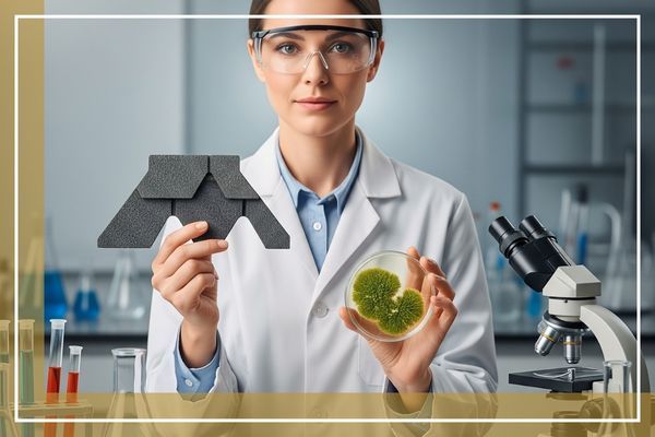A scientist in a lab coat in a laboratory holding a roof shingle and a petri dish, symbolizing a science-backed process.