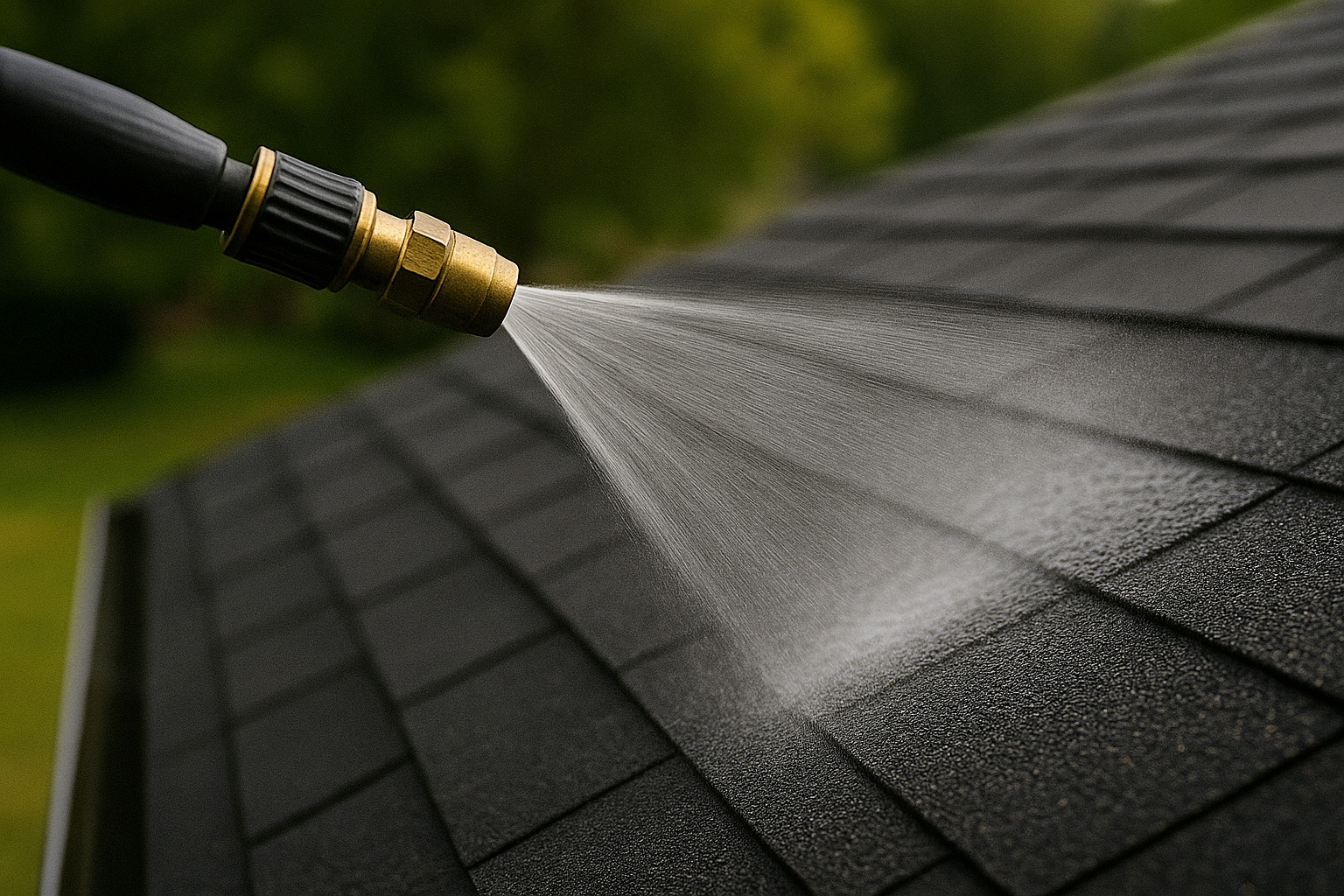 Tech applying a fine, even spray pattern to shingles