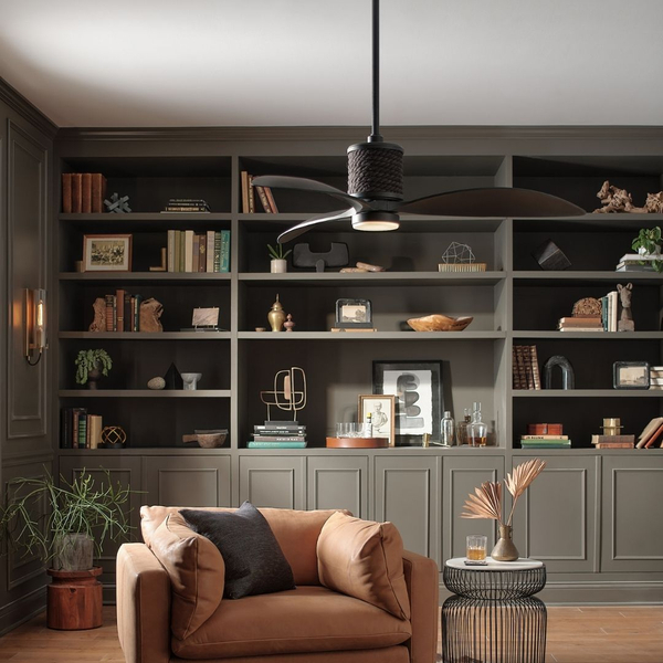 Dark brown ceiling fan in modern home library study