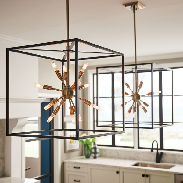 innovative kitchen hanging lights — brass fireworks shape in black cube