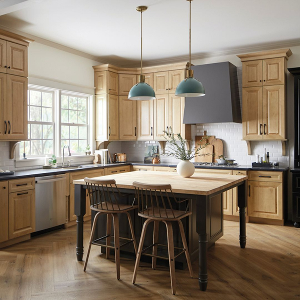 hanging lights in natural wood kitchen
